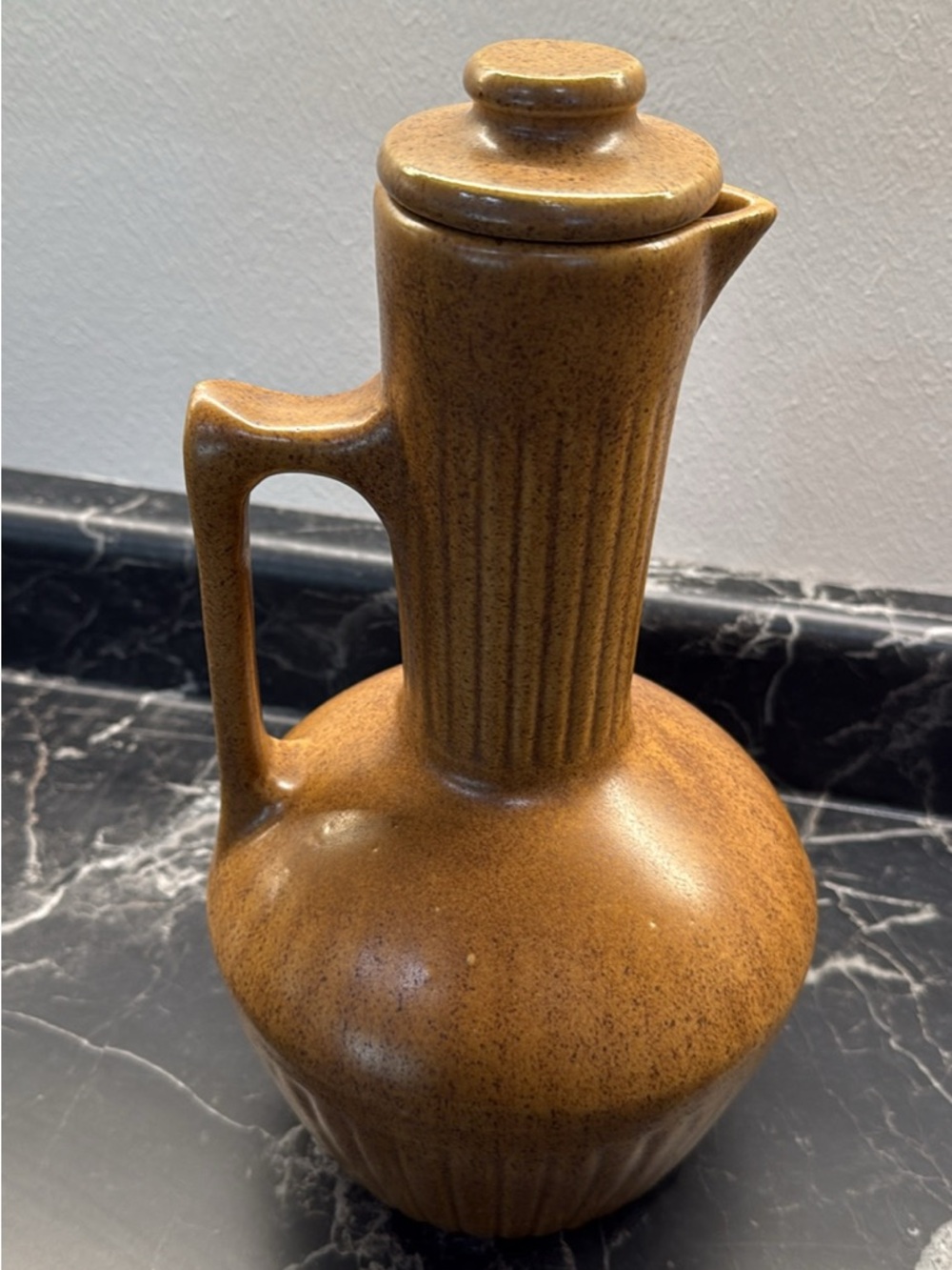 Vintage Monmouth Western Stoneware Pottery Brown Ribbed Carafe with lid 1960s